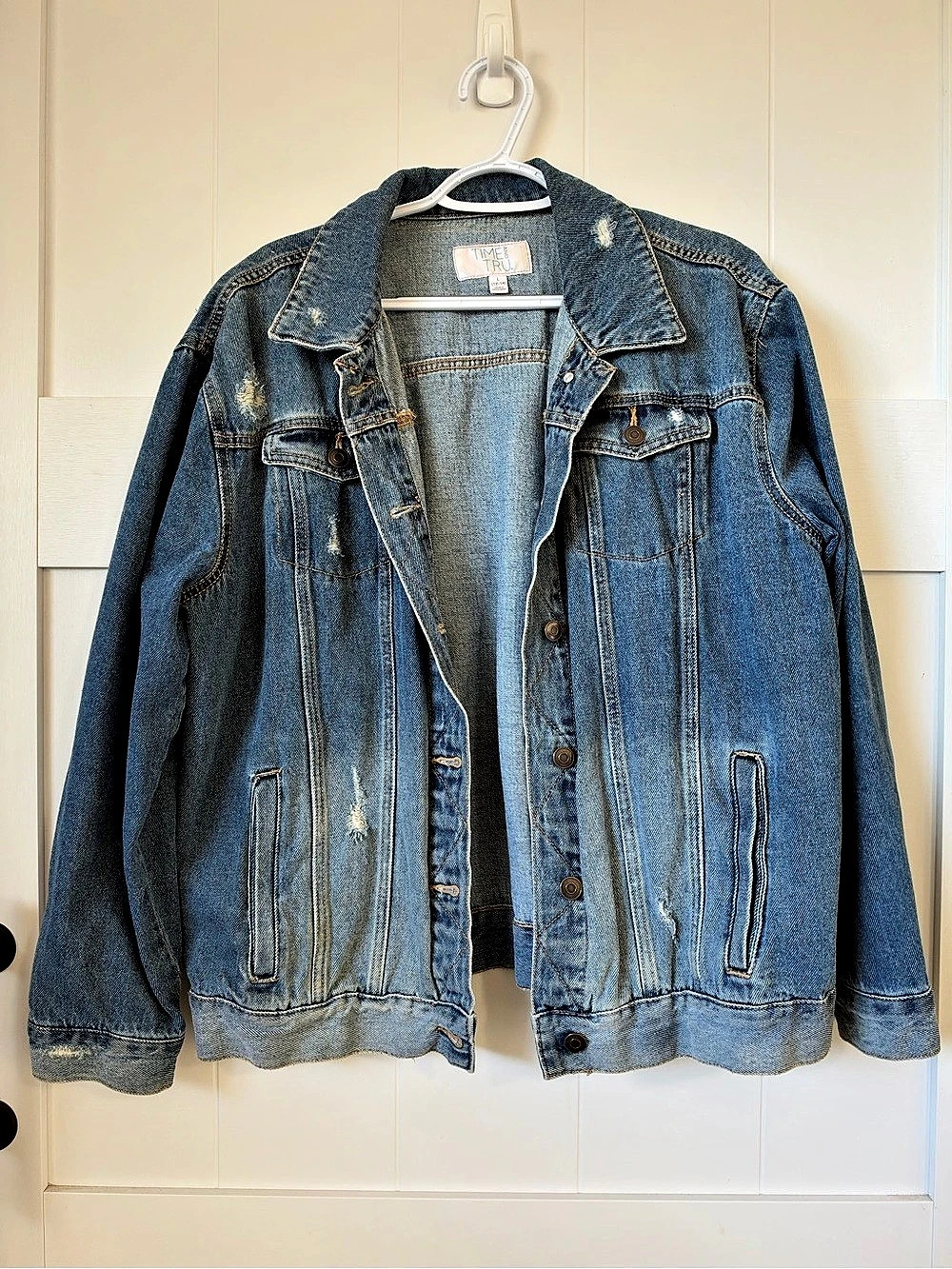 Time and Tru Women's Distressed Denim Jacket Distressed Denim Jacket in Blue